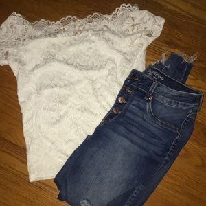 White lacy off the shoulder crop top